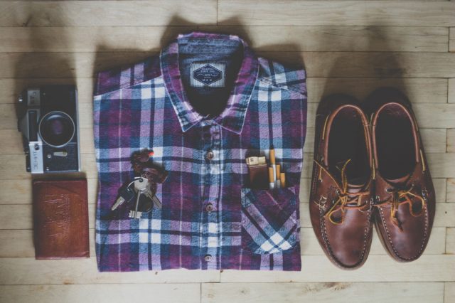 mens shirt shoes and wallet flat lay