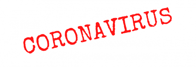 Coronavirus written in red stamp font